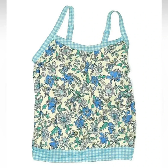 Lands End Chlorine Resistant Blouson Tankini Top Lotus Floral Gingham Size 30DDD - Picture 2 of 7